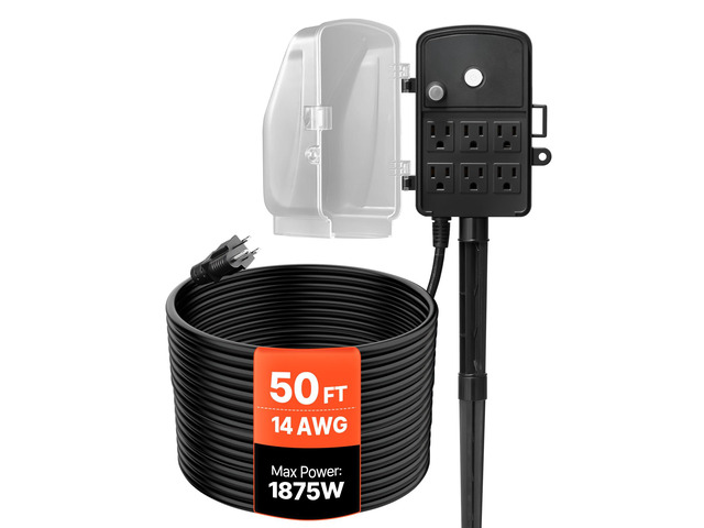 Outdoor Power Stake Waterproof, 50 FT Extension Cord, Outdoor Power Strip, Weatherproof with Cover and Overload Protection, 6 Outlets, 15A/1875W...