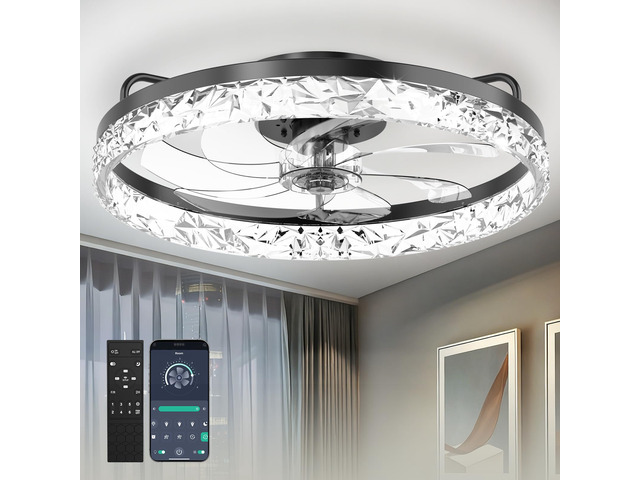 20'' Low Profile Ceiling Fan with Light and Remote, Diamond Black Flush Mount 7-Blade Fandelier with App Control, 3CCT Dimmable, Reversible DC...