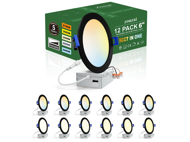 12 Pack 6 Inch LED Recessed Ceiling Light, 12W=110W, 5CCT, Dimmable 1080LM 120V, 2700K-5000K Selectable, Can Light, with Junction Box, Commercial &...