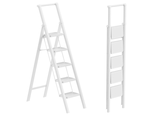 5 Step Ladder, Foldable 5 Step Stool, White Reach 10ft; Stepladder with Handgrip, Anti-Slip 7.9'' Pedals, Lightweight Tall Ladder for...