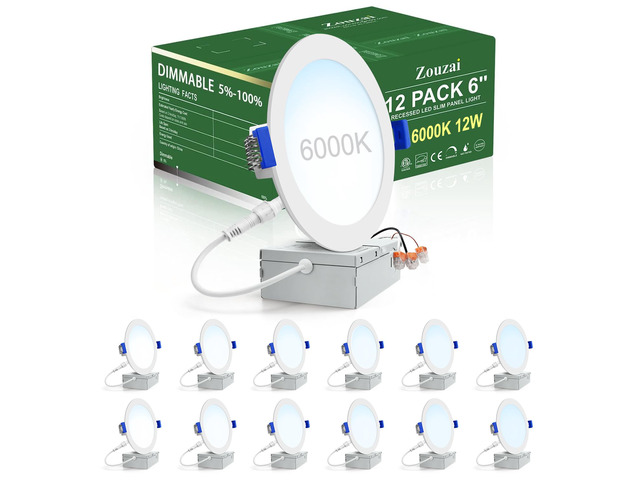 12 Pack 6' LED Recessed Ceiling Lights, 12W=110W, 6000K, Dimmable 1080LM 120V, Ultra-Thin Can Light, with Junction Box, Commercial & Home Use,...