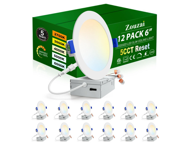 12 Pack 6 Inch LED Recessed Ceiling Light, 5CCT, 12W=110W, Dimmable 6000K/5000K/4000K/3000K/2700K Selectable, with Junction Box, Led Can Lights,...