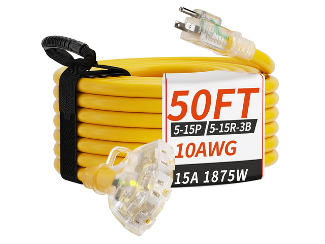 50 FT 10 Gauge Outdoor Extension Cord with Multiple Outlets Yellow Light Indicator, Flexible 3 Outlet Weatherproof Heavy Duty Extension Cord...