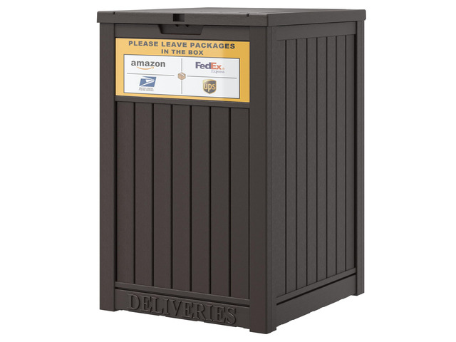 Package Delivery Box for Outside, Brown with Sign, Secure Lockable, Waterproof, Resin, for Porch & Garden