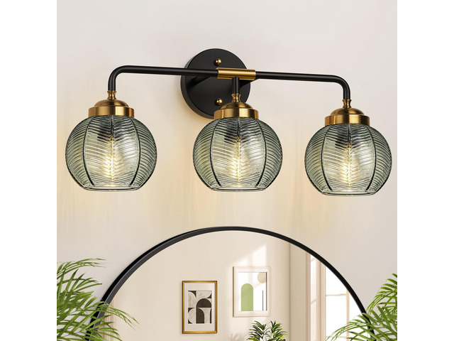 Bathroom Light Fixtures, 3-Light Green Vanity Lights with Unique Leaf Texture Glass Shade, Modern Matte Black and Gold Bathroom Wall Lamp for...