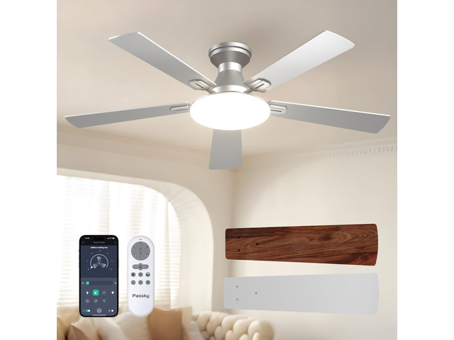 52 Inch Silver Low Profile Ceiling Fans with Lights and Remote Flush mount, 3-color dimmable light, quiet reversible DC motor, easy install,...
