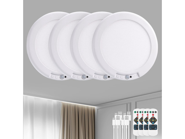 Rechargeable Motion Sensor Ceiling Light with Remote Battery Operated 4 Pack Magnetic Wireless Stick On Light No Wiring Renter Friendly for Closet...