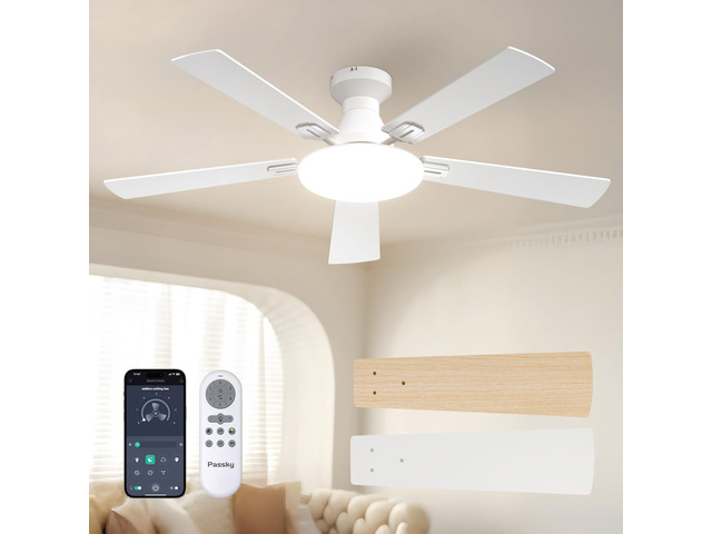 52 Inch White Low Profile Ceiling Fans with Lights and Remote Flush mount, 3-color dimmable light, quiet reversible DC motor, easy install, memory,...