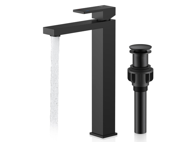 Matte Black Vessel Sink Faucet Single Hole, Tall Bathroom Sink Faucet Vessel Bowl Faucet with Pop Up Drain & Supply Lines, Lead-Free cUPC & NSF...