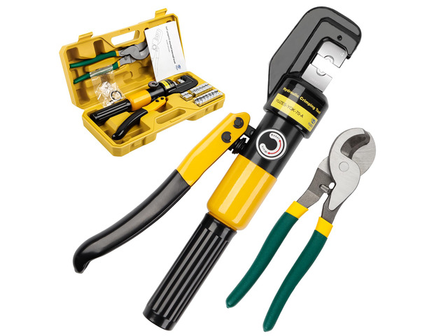 10-Ton Hydraulic Crimping Tool with Cable Cutter, 12-2/0 AWG & 1/8' Battery Cable Crimper, Clean, Even Hex Crimps, 9 Dies: 8 for Cable Lugs & 1/8'...