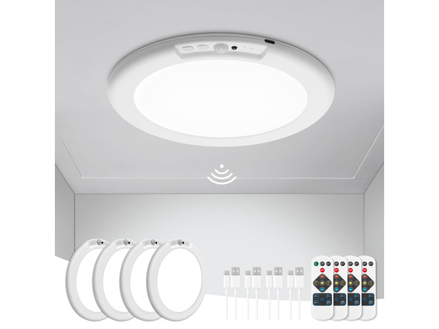 4Pcs Battery Operated Ceiling Lights Rechargeable with Motion Sensor Wireless Shower Light with Remote, 3000K 4500K 6500K 7.48', Dimmable Stick On...