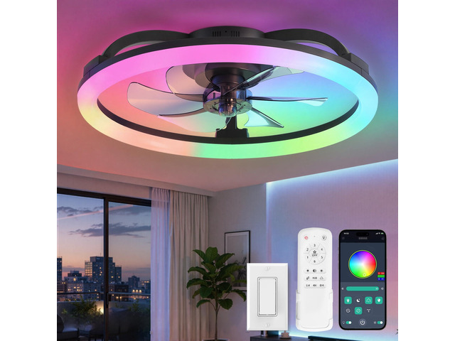 23' Ceiling Fans with Lights and Remote for Bedroom, Black RGB Low Profile Fan Light, 3000K-6000K Stepless Dimmable, 6 Speed, Reversible DC Motor,...