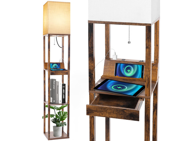 Floor Lamp with Shelves, Shelf Floor Lamp with Wireless Charger & 2 Charging USB Ports & Drawer, AC Outlet, 3 Color Temperature Tall Standing Lamp...