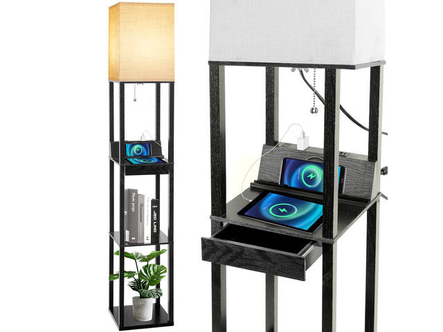Floor Lamp with Shelves, LED Shelf Floor Lamp with Wireless Charger & 2 Charging USB Ports & Drawer, AC Outlet, 3 Color Temperature Tall Standing...
