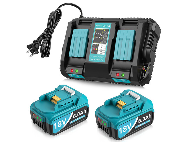 2Packs 6.0Ah Replacement for Makita Battery 18V with 2-Port Charger