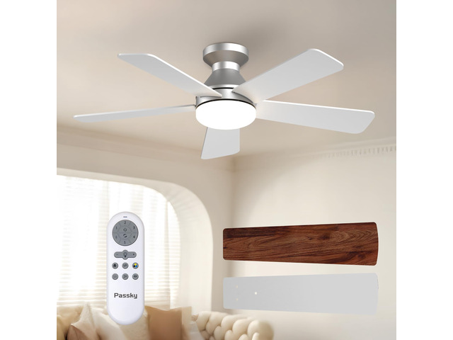 42 Inch Silver Low Profile Ceiling Fans with Lights and Remote Flush mount, 3-color dimmable light, quiet reversible DC motor, easy install,...
