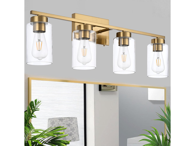 4 Light Bathroom Vanity Light Fixtures, Brushed Brass Modern Wall Lights with Clear Glass Shade, Vintage Wall Sconce Lighting for Living Room,...