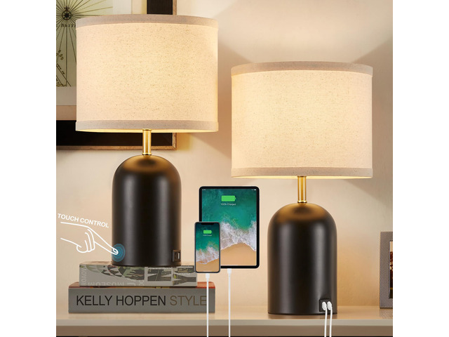Touch Control Table Lamps Set of 2, Black Bedside Lamps for Bedroom 18' Modern Dimmable Desk Lamp for Nightstand Living Room Office, with 2 USB...