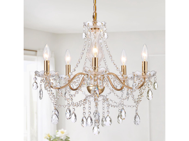 Crystal Gold Chandelier, Glass Crystal Hanging Pendant Lighting, 5 Light French Country Gold Crystals Chandelier for Ceiling...