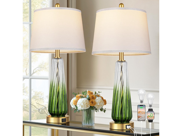 Modern Glass Table Lamps Set of 2, 27.5' Bedside Lamp for Bedroom, Green 2 LED 3-Way Dimmable Bulb Included, Touch Control, USB A+C Charging Ports,...