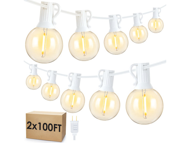 200Ft(2x100Ft) LED Outdoor String Lights, Dimmable G40 Globe Patio Lights with 100+5 2700K Waterproof Bulbs for Balcony-White Cord 2 Pack