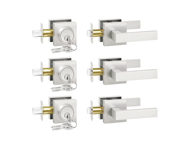 Front Door Lock Set with Deadbolt, Exterior Door Handle with Single Cylinder Deadbolt Lock, Flat Square Passage Brushed Nickel Door Locks for Front...