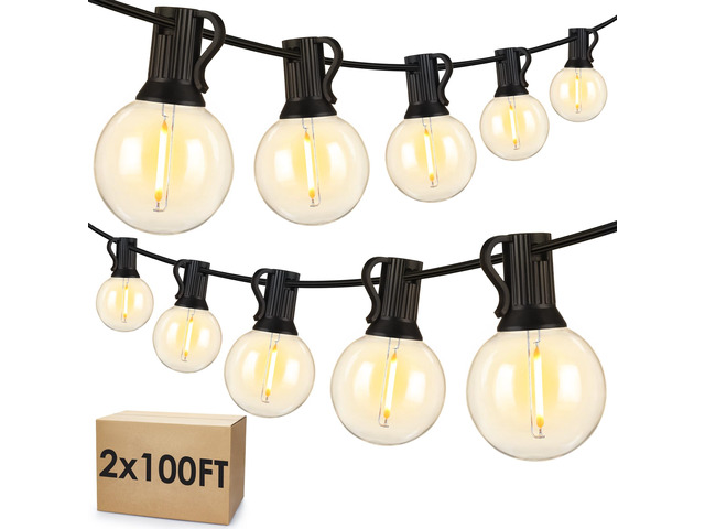 200Ft(2x100Ft) LED Outdoor String Lights Waterproof Dimmable G40 Globe Patio Lights with 100+5 Bulbs for Balcony Gazebo Pergola-Black Cord