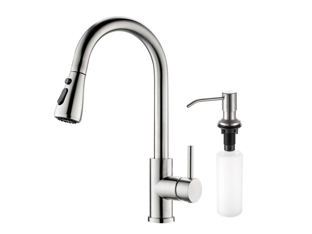 Kitchen Sink Faucet with Soap Dispenser, 3 Modes Kitchen Faucet with Pull Down Sprayer and Soap Dispenser, 304 Stainless Brushed Nickel Single...