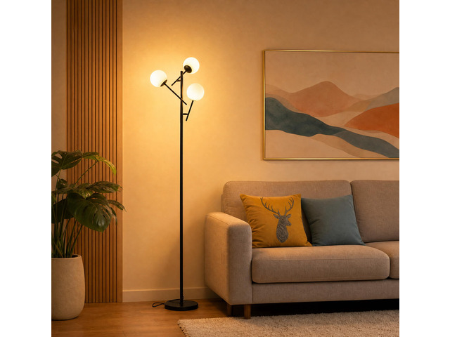 3 Globe Floor Lamp for Living Room, Swing Arms Standing Tree Lamp 3000K Warm White Light, 3 LED Bulbs Included, Adjustable Orb Glass Shade Mid...
