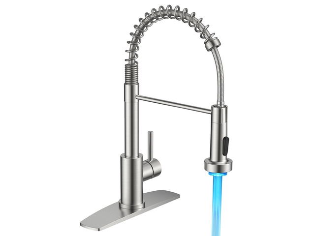 LED Kitchen Sink Faucet, with 3 Modes Sprayer, Brushed Nickel Stainless Steel Single Handle, with LED Light Sprayer, Commercial Spring Pot Filler...