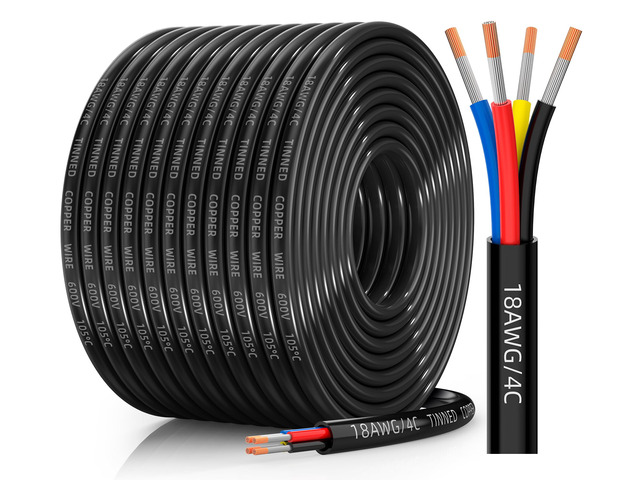 18 Gauge Wire, 18/4 Conductor Tinned Copper Electrical Wire, 100FT Flexible, Waterproof, Flame Retardant, Low Voltage 18 AWG Stranded PVC 4 Wire...