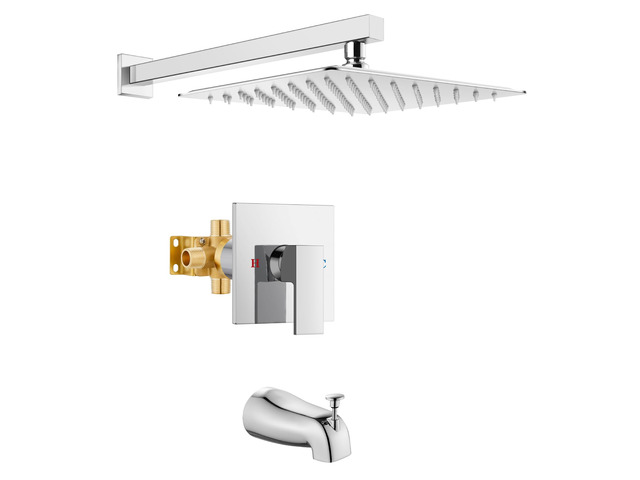 10 Inch Shower Faucet Set,Bathtub Faucet Kit,Chrome Polish Shower Tub Faucet Set,Male Threads Rough-In Valve,Square Head Shower System