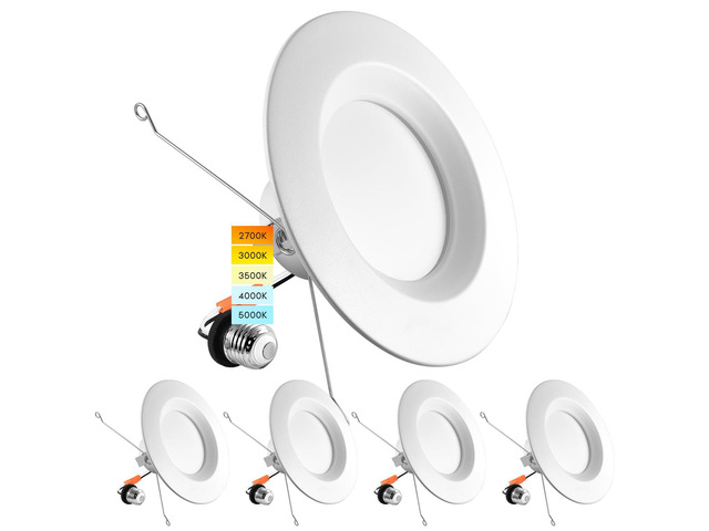 5/6 Inch LED Recessed Retrofit Downlight, 14W=90W, 1100 LM (4 Pack) Smooth Trim, 5CCT Color Selectable 2700K-5000K, Dimmable Can Light, 1100...