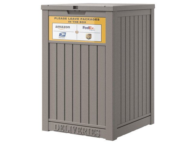 Package Delivery Box for Outside, Grey with Sign, Secure Lockable, Waterproof, Resin, for Porch & Garden