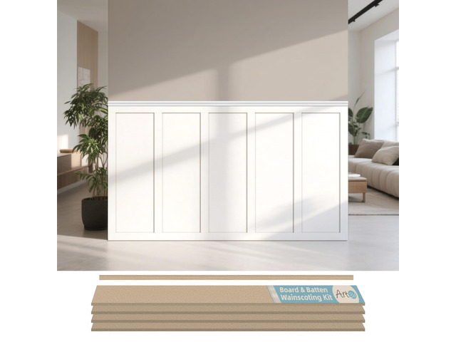 MDF Premade Paintable Board and Batten Wainscoting Kit, 189 x 54 in Molding Slat with Edge Strip, Lightweight, Paintable, Impact-Resistant, Easy to...