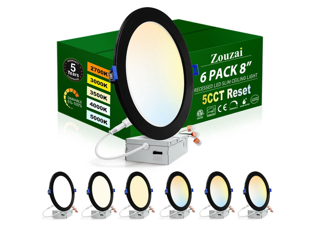 6 Pack 8' Black LED Recessed Ceiling Light, 5CCT, Dimmable, 1685LM 18W Eqv 150W, 2700K/3000K/3500K/4000K/5000K Selectable, 120V, with Junction Box,...