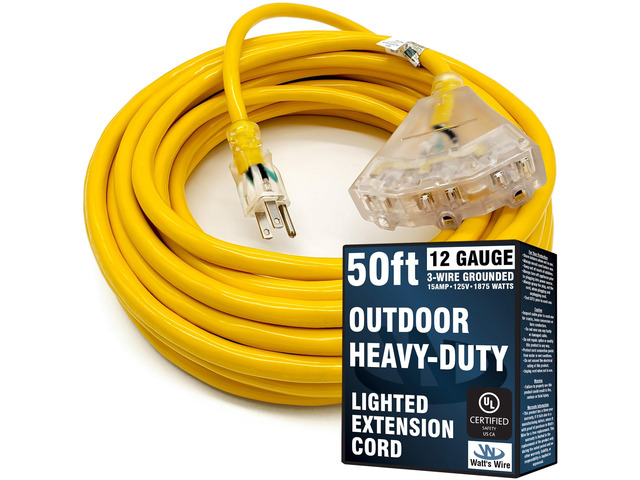 50 ft Outdoor Extension Cord - 12 Gauge Heavy Duty Extension Cord Multiple Outlets - Lighted Outdoor Extension Cords 50' Grounded