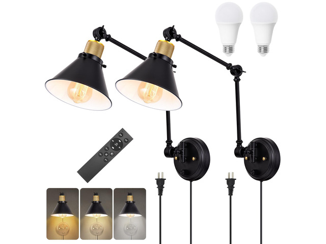 Dimmable Wall Sconce, Remote Control Plug in Wall Sconces Dimming 10%-100% and Adjustable Color Temperature 2700K-6000K, Swing Arm Wall Lights with...