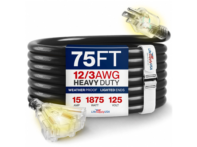 75ft Outdoor/Indoor Extension Cord 3-Outlet 12/3 Gauge Extra Heavy Duty 3 Prong SJTW, Waterproof, Flexible Cold-Resistant Long Power Cord,15A 125V...