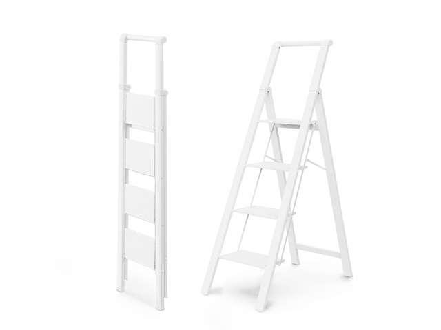 4 Step Ladders for Home, 300lbs Load, 37'' Top Step, White 9ft Reach; For Closets, Kitchens; Anti-Slip Feet Suit Wood, Tile, Carpet; Rigid Aluminum...