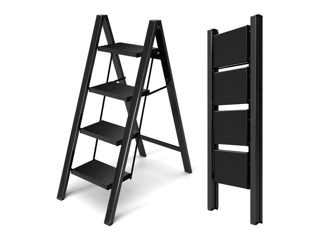 Aluminum Step Stool Foldable,4 Step Ladder (Black) Lightweight Portable step ladder with Anti-Slip Wide Pedal,330lbs Capacity Ladder for...