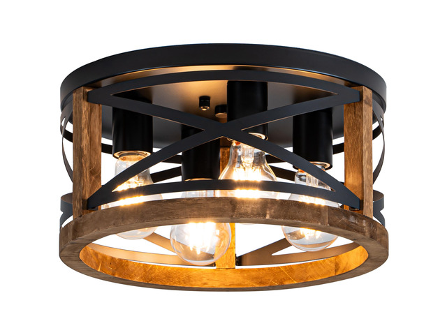 Farmhouse Light Fixtures, 4-Light Round Flush Mount Ceiling Light with Wood and Metal Frame, Black Rustic Ceiling Light for Hallway, Entryway,...