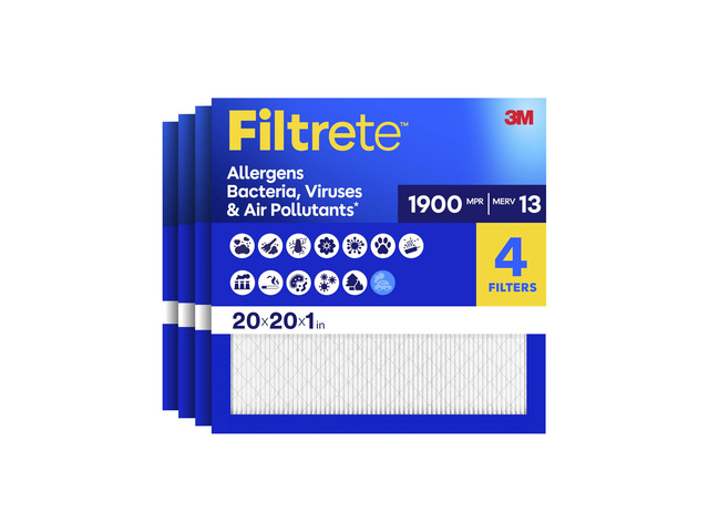 20x20x1 Air Filter, MERV 13 MPR 1900, Allergens, Bacteria, Viruses & Air Pollutants, 3-Month AC/Furnace Filters, Cleaner Air Reliable Airflow, 4...