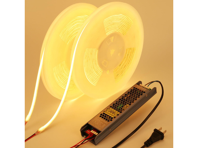 24V Diffused Outdoor COB LED Strip Lights Waterproof 65.6ft IP67 3000K Warm White LED Tape Light Adhesive 160W CRI 93 with Power Supply for Bedroom...