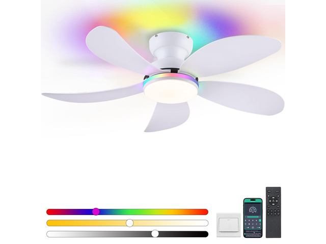 42' White Modern Low Profile RGB Ceiling Fans with Lights and Remote 14 RGB Modes,Supports Remote and APP,6 Wind Speeds, Reversible, Dimmable 3 CCT...