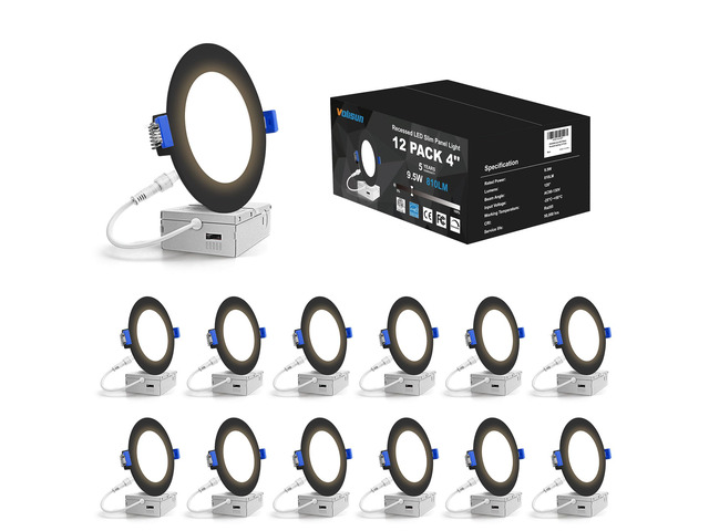 12 Pack 4 inch Recessed Lighting, 5CCT, 9.5W Eqv 80W, 810LM LED Recessed Light Black, 2700K-5000K Selectable, Dimmable Canless Wafer Downlight, LED...