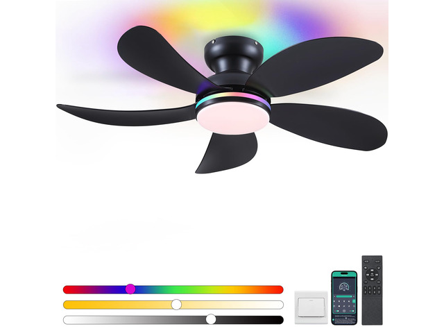 42' Black Modern Low Profile RGB Ceiling Fans with Lights and Remote 14 RGB Modes,Supports Remote and APP,6 Wind Speeds, Reversible, Dimmable 3 CCT...