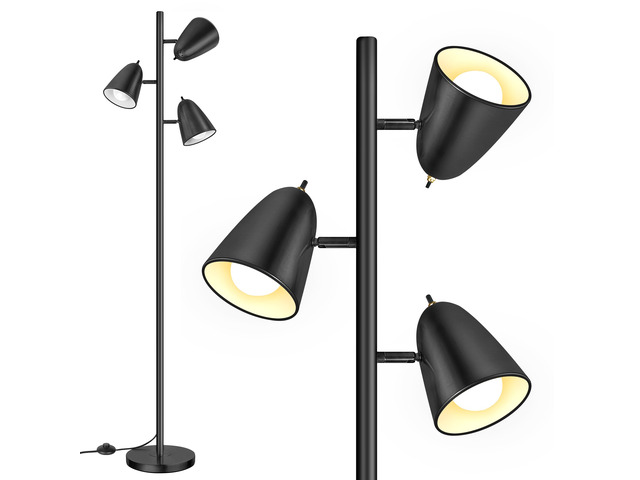 Tree Floor Lamp with 3 Light Bulbs, Standing Tall Pole Lamps for Living Room Bedroom Office, Reading Stand up Lamps with 3 Adjustable Arms, Black