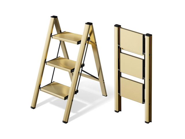 Aluminum Step Stool Foldable,3 Step Ladder (Gold) Lightweight Portable step ladder with Anti-Slip Wide Pedal,330lbs Capacity Ladder for...