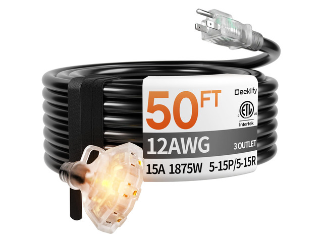 50FT 12 Gauge Black Outdoor Extension Cord with Multiple Outlets 3 Outlet Black Extension Cord 50 Feet, Indicator Light & Hook, Flexible Waterproof...
